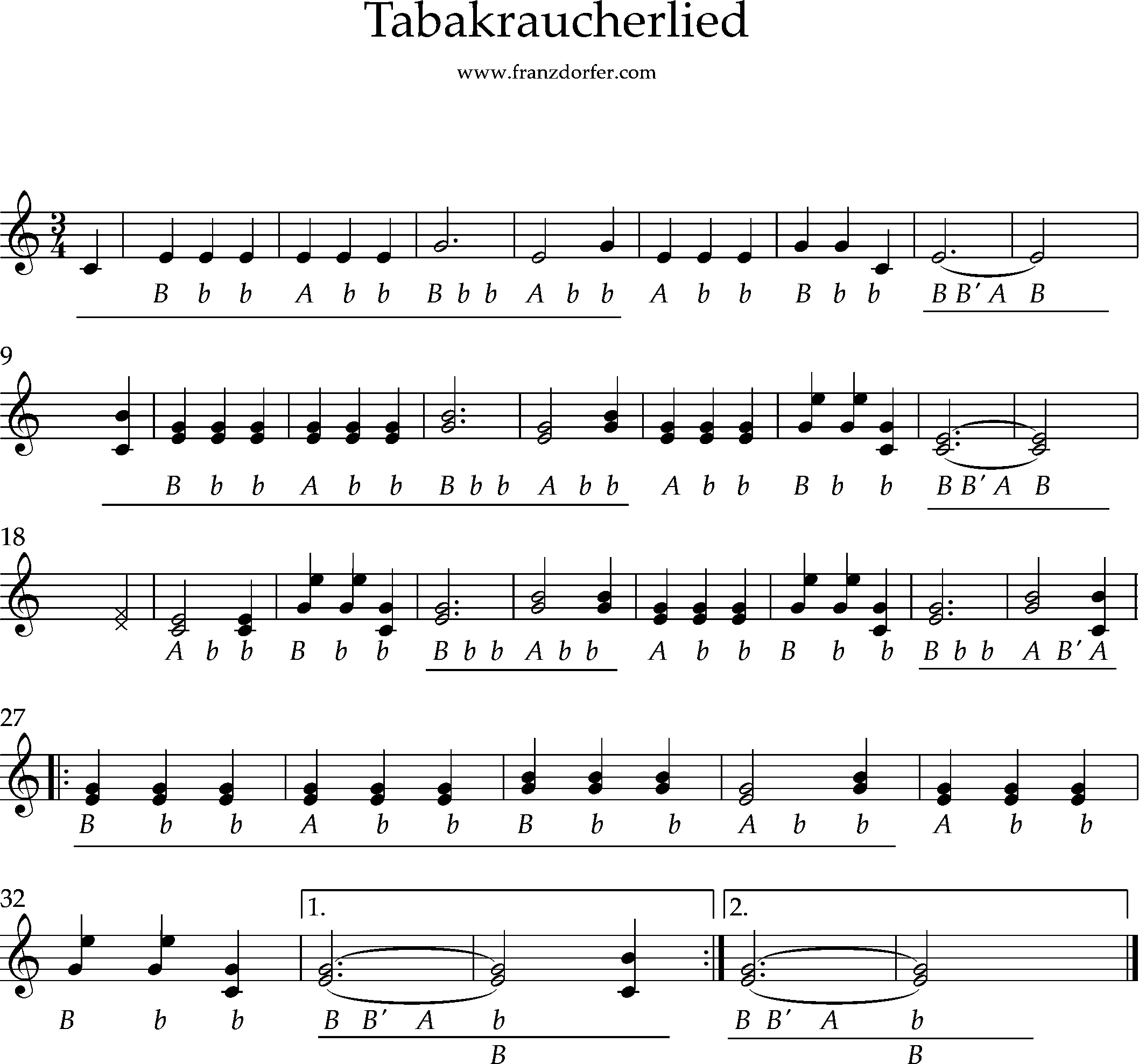Tabakraucherlied, Griffschrift, ohne punktierte noten Steirische harmoniks lernen- Tabakraucherlied ohne punktierte